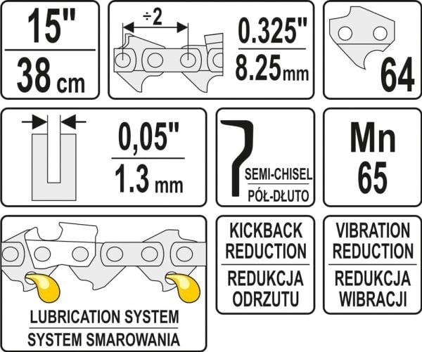 Yato YT-84945, Alle merker, 8,26 / 0,325 mm (0.325 / 0.325"), 38 cm