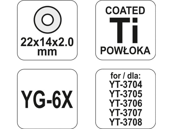 Yato YT-37141, Kutterhjul, Titankarbid, Sølv, Gult, YT-3705, YT-3706, YT-3707, YT-3708, 22 mm, 14 mm