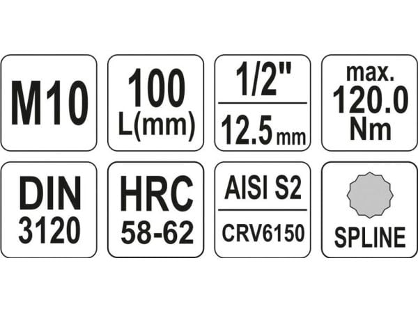 YATO 1/2" splinenøkkel M10x100 mm