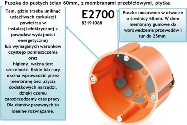 Dosa för infällt 1 modul vindtät Ø68 mm, 61 mm djup, med monteringsskruvar. Orange eurodosa. PVC-fri