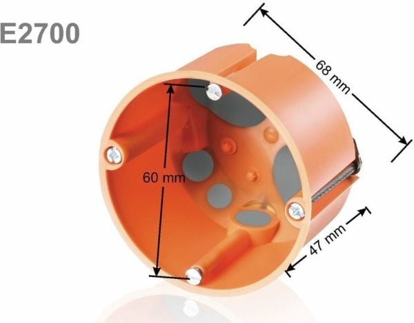 Dosa för infällt 1 modul vindtät Ø68 mm, 61 mm djup, med monteringsskruvar. Orange eurodosa. PVC-fri