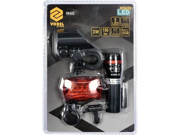 Vorel sykkellampe sett foran+bak 3W 5 LED 150 lm 3x1.5V AAA + 2x1.5V (88422)