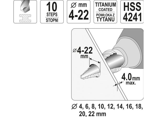 Yato Step Drill 4 6 8 10 12 14 16 18 20 22mm (YT-44741)