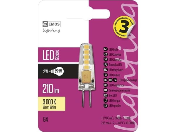 Emos ZQ8620, 2 W, 22 W, G4, 210 lm, 30000 timer, Varm hvit