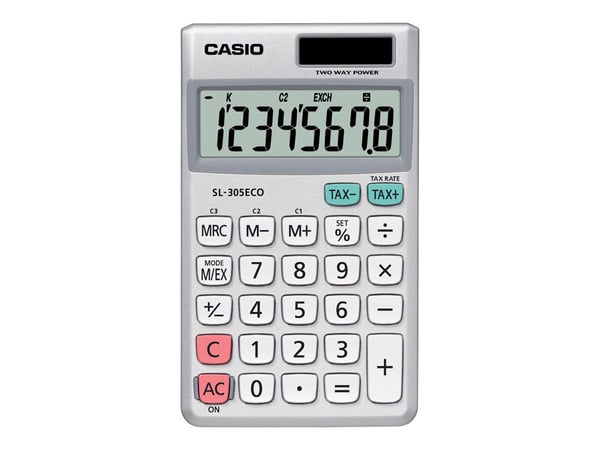 Casio SL-305ECO, Tasku, Perus, 8 lukua, 1 linjat, Akku, Hopea, Valkoinen
