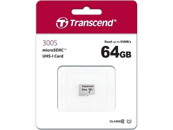 Transcend 300S, 64 GB, MicroSDXC, Luokka 10, NAND, 95 MB/s, 25 MB/s