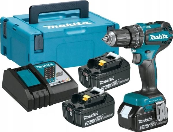Makita DHP485RF3J - Vasaraporakone - akkuporakone - 2-nopeuksinen - avaimeton poranterä 13 mm - 50 N-m - 3 akkua, mukana laturi - 18 V
