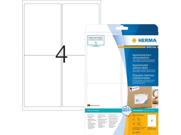 HERMA Special - Papir - matt - flyttbart selv-adhesiv - hvit - 99.1 x 139 mm 100 etikett(er) (25 ark x 4 adresselapper