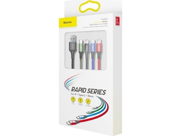 Baseus KB2L435A12BK, Svart, Blå, Grön, Röd, USB A, 2 x Lightning + micro-USB B + USB C, 1,2 m, Hanstik, Hanstik