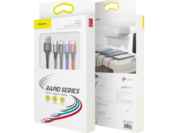 Baseus KB2L435A12BK, Svart, Blå, Grön, Röd, USB A, 2 x Lightning + micro-USB B + USB C, 1,2 m, Hanstik, Hanstik