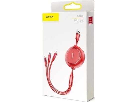 Baseus Golden Loop uttrekkbar kabel 3-i-1 USB - mikro-USB / Lightning / USB-C 3.5A 35 cm - 120 cm svart (CAMLT-JH01)