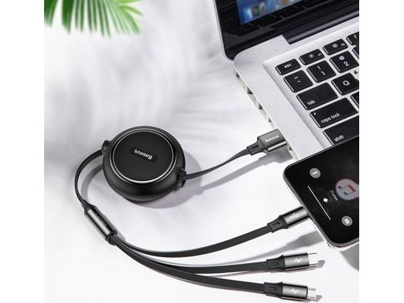 Baseus Golden Loop uttrekkbar kabel 3-i-1 USB - mikro-USB / Lightning / USB-C 3.5A 35 cm - 120 cm svart (CAMLT-JH01)