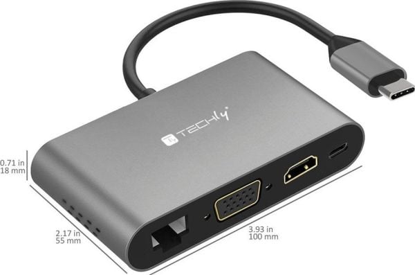 Techly IADAP USB31-DOCK3, USB Type-C, HDMI, RJ-45, USB 3.2 Gen 1 (3.1 Gen 1), VGA, Grå, Hankjønn, Hunkjønn, Windows 11