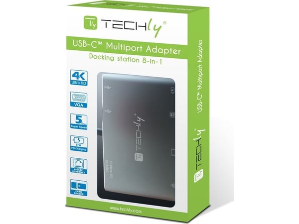Techly IADAP USB31-DOCK3, USB Type-C, HDMI, RJ-45, USB 3.2 Gen 1 (3.1 Gen 1), VGA, Grå, Hankjønn, Hunkjønn, Windows 11