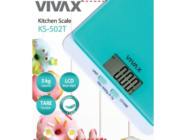 Vivax KS-502T, Elektronisk kjøkkenvekt, 5 kg, Turkis, LCD, CR2032, Lithium