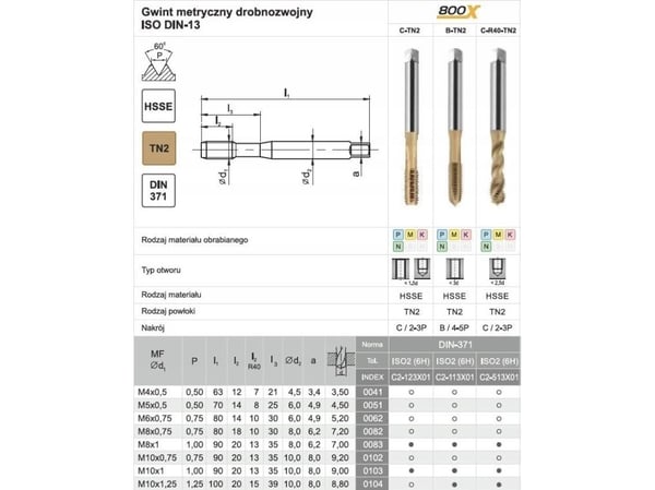 Gjengetapp M10x1,25 DIN-371C R40 (6H) HSSE TIN 800X