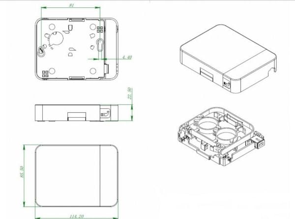 FTTH inomhusanslutningsbox för 2 fibrer, 1 koppling, plug-in skyddsanordning (FTTH-BOX-IN-3)