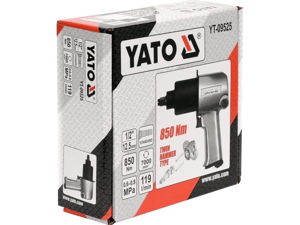 Yato YT-09525, Pneumatisk spärrnyckel, Borstlös, Svart, Rostfritt stål, Gjuten aluminium, 1/2", 7000 RPM