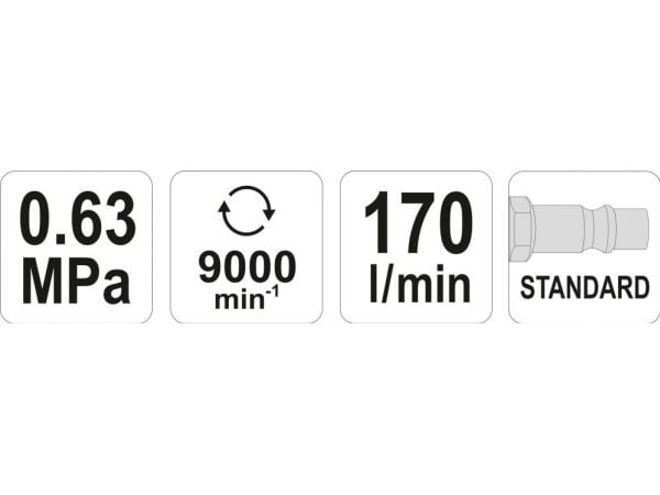 Yato YT-09955, Sort, 9000 spm, 78 dB, 89 dB, 23 m/s², Trykkluft