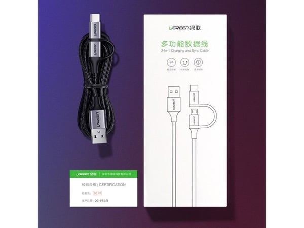 UGREEN Type-C / Micro USB 2-i-1 USB-kabel, QC 3.0, 1m (svart)
