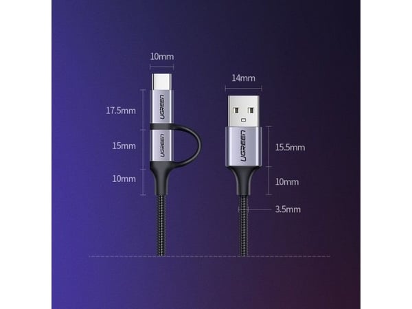 UGREEN Type-C / Micro USB 2-i-1 USB-kabel, QC 3.0, 1m (svart)