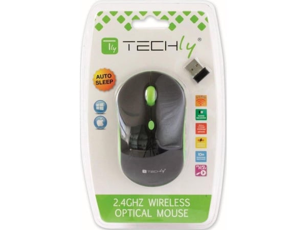 Techly IM 1600-WT-BGW, Ambidekstriøs, Optisk, RF kabel-fri, 1600 DPI, Sort, Grønn