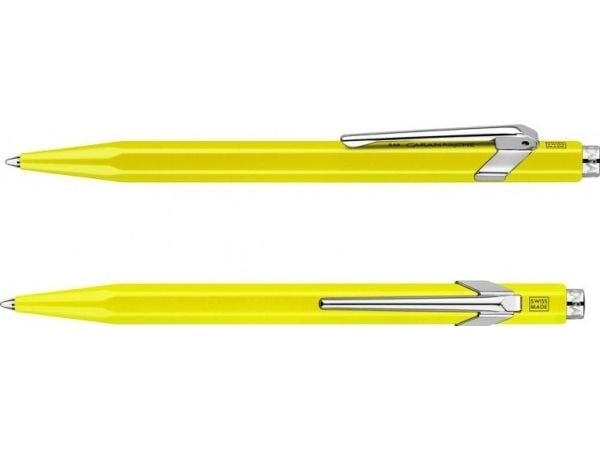 CARAN D'ACHE trykkkulepenn 849 POPLINE FLUO, gul, strektykkelse M, strekfarge blå, sekskantet skaft - 1 stk (849.470)