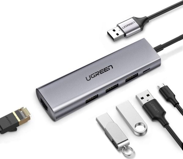 Ugreen 60812, Koblet med ledninger (ikke trådløs), USB 3.2 Gen 1 (3.1 Gen 1) Type-A, 10,100,1000 Mbit/s, Grå, Micro-USB, RJ-45, USB 3.2 Gen 1 (3.1 ...