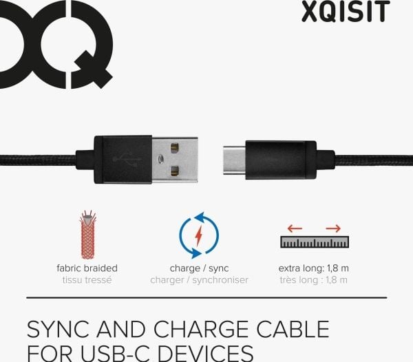Xqisit XQISIT2774, 1,8 m, USB A, USB C, USB 3.2 Gen 1 (3.1 Gen 1), Hankjønn/hankjønn, Svart