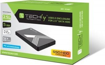 Techly I-CASE USB3-SL25TY, HDD/SSD-kabinett, 2.5", SATA, USB-tilkobling, Sort