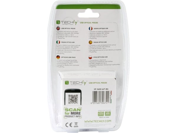 Techly IM 1600-WT-BG, Ambidextrous, Optisk, USB Type-A, 1600 DPI, Svart, Grön