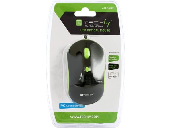 Techly IM 1600-WT-BG, Ambidextrous, Optisk, USB Type-A, 1600 DPI, Svart, Grön