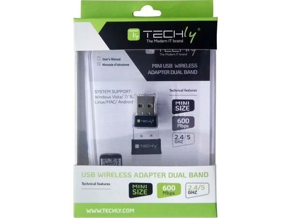 Techly I-WL-USB-600TY, Trådløs, USB, WLAN, Wi-Fi 5 (802.11ac), 583 Mbit/s, Svart