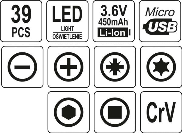 Yato YT-27930, Elektrisk skrutrekker, Rett håndgrep, Sort, 45,6 dB, Batteri, 3,6 V
