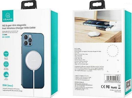USAMS Induktiolataus US-CD160 magneettinen W2 15W alumiini iPhone 12 sarja hopea/hopea CD160DZ01