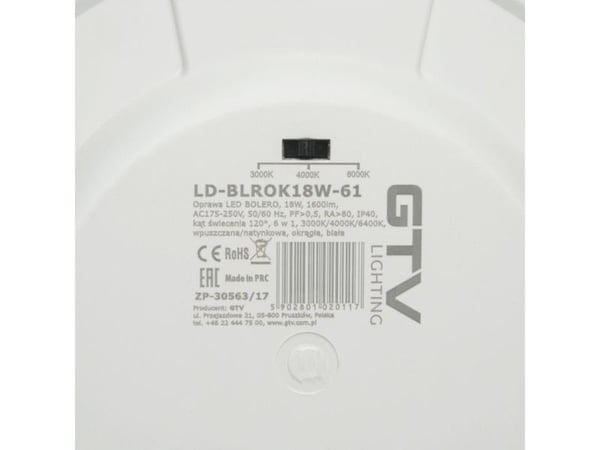 GTV BOLERO LED downlight 18W 3000K/4000K/6400K variabel lysfarge 1600lm overflate-/innfelt 226