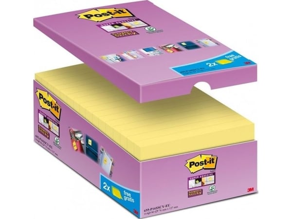 Post-it notatlapper Post-it Super Sticky (655-P16SSCY-EU) 127x76 mm 16x90 ark, gul, 2 lapper gratis