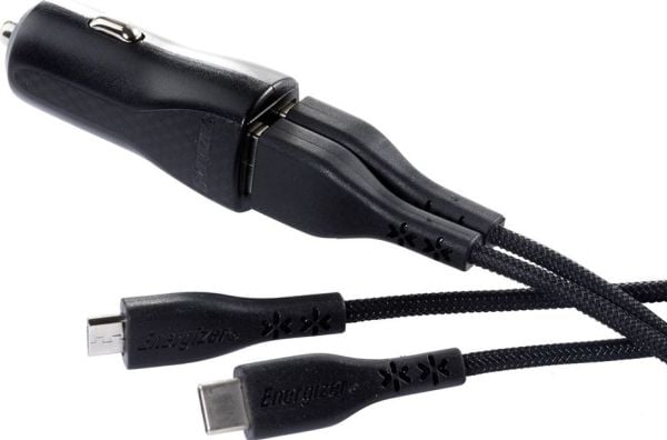 Energizer bil­lader Hardcase 2xUSB 2,4A med kabel USB-C og microUSB svart Lifetime