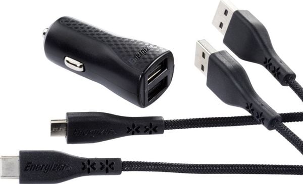 Energizer bil­lader Hardcase 2xUSB 2,4A med kabel USB-C og microUSB svart Lifetime