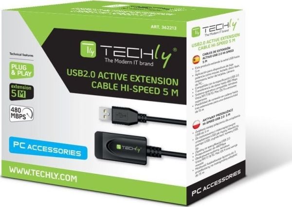 TECHly - USB-forlengelseskabel - USB (hann) til USB (hunn) - USB 2.0 - 5 m - svart