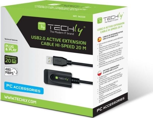 Techly IUSB-REP220TY3, 20 m, USB A, USB A, USB 2.0, 480 Mbit/s, Lajittelu