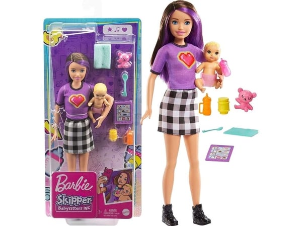 Barbie Mattel Skipper: Klubb for pleiere - pleier med lilla hår + baby (GRP10/GRP11)