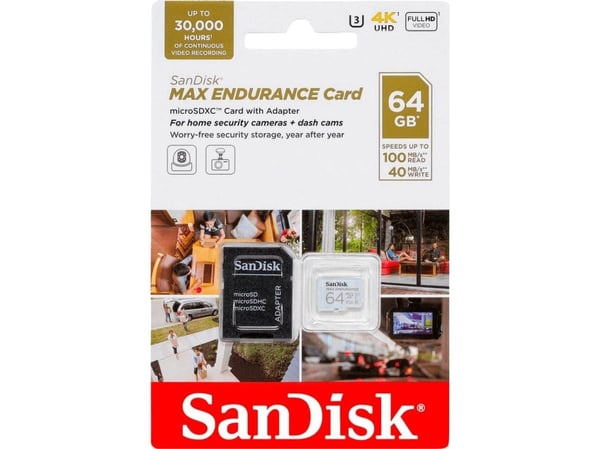 SanDisk Max Endurance - Flashminnekort (microSDXC til SD-adapter inkludert) - 64 GB - Video Class V30 / UHS-I U3 / Class10 - microSDXC UHS-I