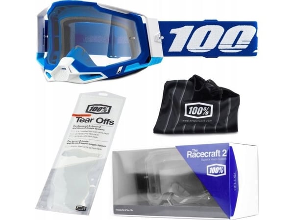 100% briller 100% RACECRAFT 2 BLUE (gjennomsiktig linse anti-fog, LT 88–92% + 10 rivbeskyttere) (NY)