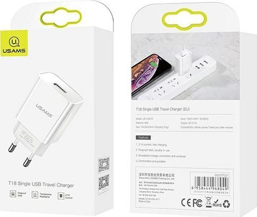 USAMS laddare USAMS Load. network. 1xUSB T18 2.1A vit (endast laddhuvud) Fast Charging CC075TC01