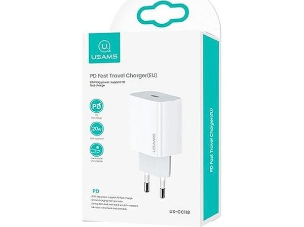 USAMS reiselader 20W USB-C PD, hvit