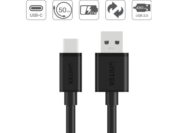 Unitek USB-A til USB-C-kabel 0,5 m svart (Y-C481BK)