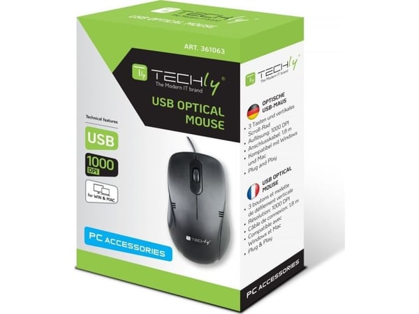 Techly IM 902-UBK, Optinen, USB A-tyyppi, 1000 DPI, Musta