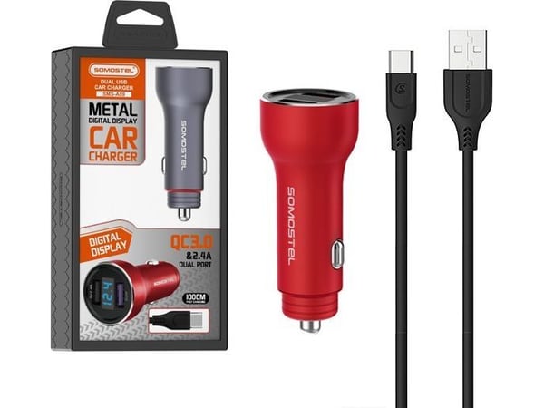 Somostel 5A Car Charger Meter + USB-C QC Red SMS-A89 Cable