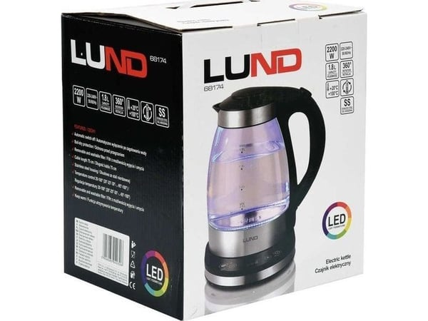 LUND ELEKTRISK VATTENKOKARE LEDDE GLAS 1.8L TEMPERATURKONTROLL